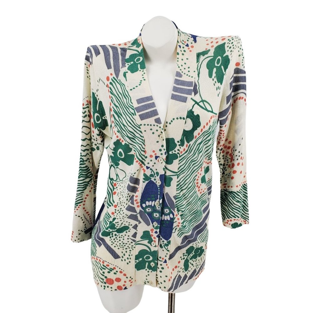 Anthropologie Field And Flower Green Abstract Floral Button Up Cardigan